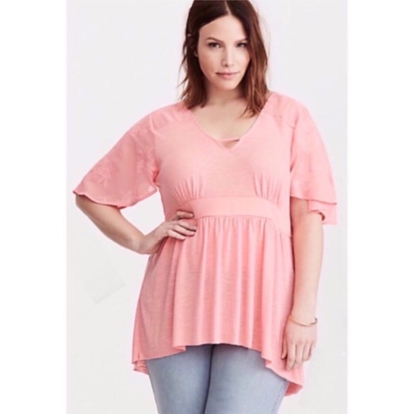 Torrid Pink Slub Embroidered Babydoll Tunic Top - Picture 2 of 3